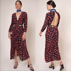 Rixo Rose Lip Print V-Neck Long Sleeve Open Back Ruffle Front Silk Midi Dress L